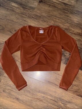 wild fable Rust Ruched V-Neck Long Sleeve Crop Top